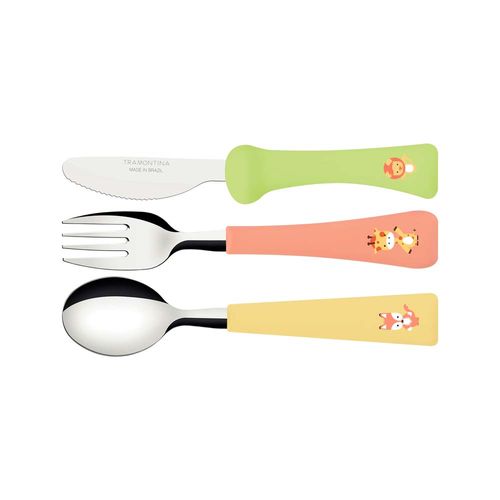 Juego De Cubiertos Infantil Tramontina Baby Friends Con Laminas De Acero Inoxidable Y Mangos De Polipropileno Coloridos 03 Piezas