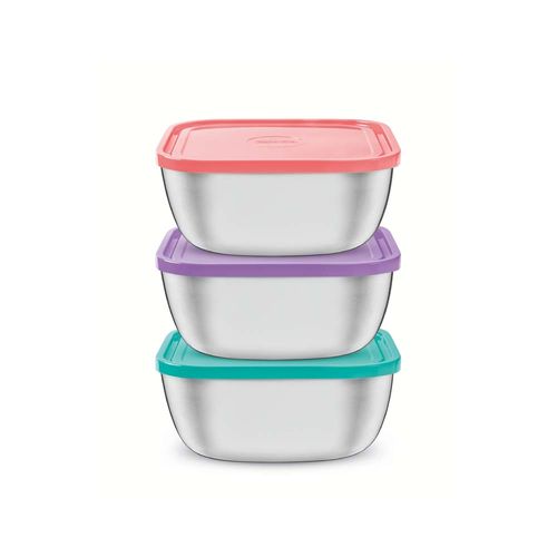 Juego De Contenedores Tramontina Freezinox Cuadrados De Acero Inoxidable Con Tapas Plasticas Multicolores 3 Piezas