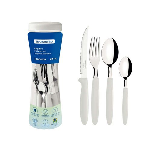 Juego De Cubiertos Tramontina Ipanema Blanco Con Pote Plastico 24 Piezas