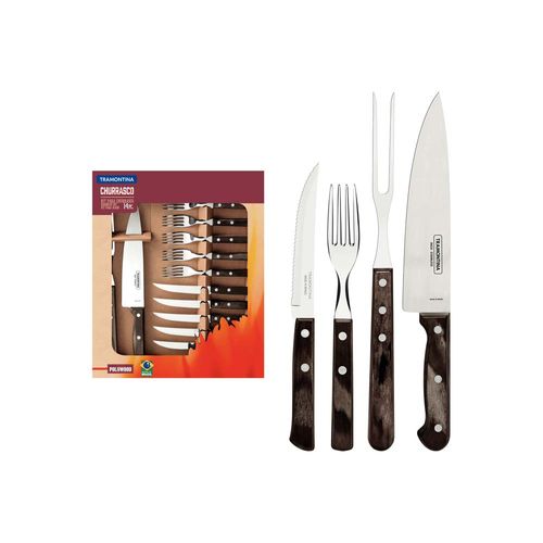 Kit Para Asado Tramontina De Acero Inoxidable Con Mango Castaño Polywood 14 Piezas.