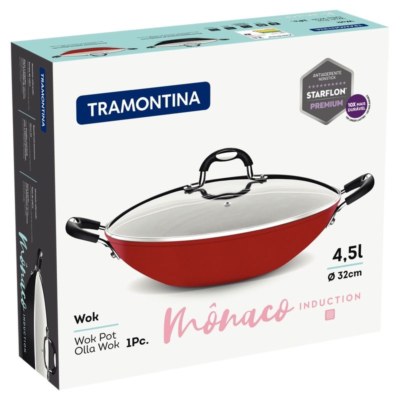 Wok Tramontina Mônaco Induction en Aluminio con Revestimiento Interno y  Externo Antiadherente Starflon Premium Negro con Tapa de Vidrio 32 cm 4,5 L