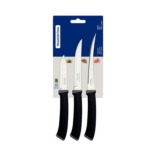 Juego De Cuchillos Tramontina Felice Con Láminas De Acero Inoxidable Y Mangos De Polipropileno Negro 3 Piezas