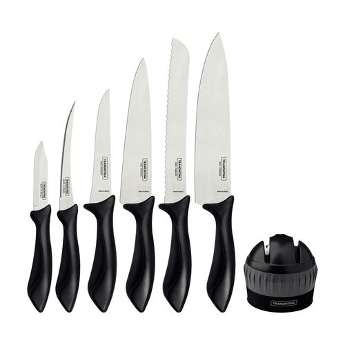 Juego De Cuchillos Tramontina Affilata Con Láminas En Acero Inoxidable Y Mangos De Polipropileno Negro 7 Piezas