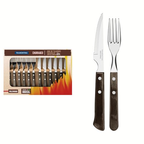 Juego De Cubiertos Para Asado Tramontina De Acero Inoxidable Con Mango Oscuro Polywood 12 Piezas