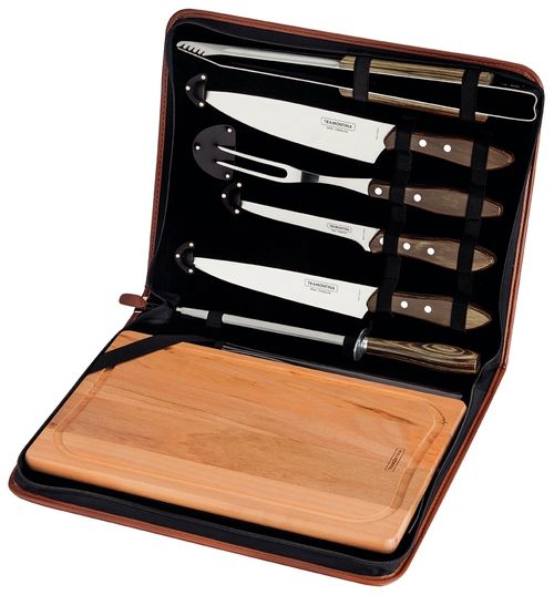 Juego Para Asado Polywood Tramontina De Acero Inoxidable Y Mangos De Madera Castaño, Con Tabla De Corte Y Estuche 8 Piezas