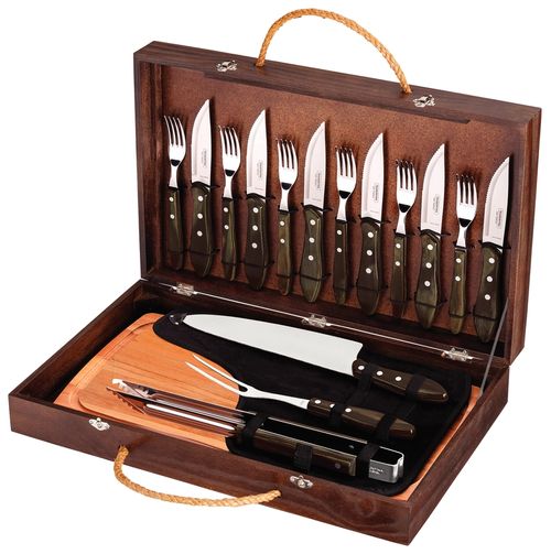 Kit Para Asado Tramontina Con Cubiertos Jumbo Mango Oscuro Polywood Con Tabla Y Estuche De Madera 17 Piezas.
