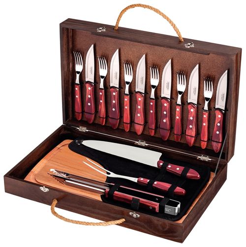 Kit Para Asado Tramontina Con Cubiertos Jumbo Mango Bordo Polywood Con Tabla Y Estuche De Madera 17 Piezas.