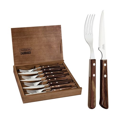 Juego De Cubiertos Para Asado Tramontina Polywood Oscuro Con Estuche De Madera 8 Piezas