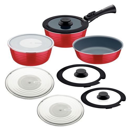 Juego De Ollas Multiuso Tramontina Ítria En Aluminio Con Revestimiento Interno Y Externo Cerámico Rojo 10 Piezas