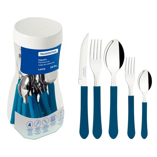 Juego De Cubiertos Tramontina Leme Azul 20 Con Pote Plastico 20 Piezas