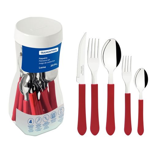 Juego De Cubiertos Tramontina Leme Rojo Con Pote Plastico 20 Piezas