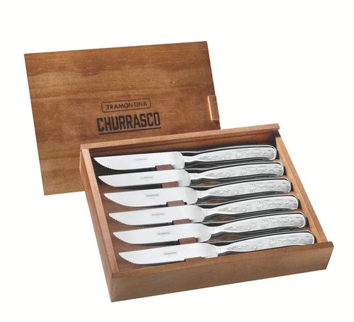 Juego De Cuchillos Para Asado Tramontina Jumbo Acero Inoxidable Grabado 6 Piezas Caja De Madera