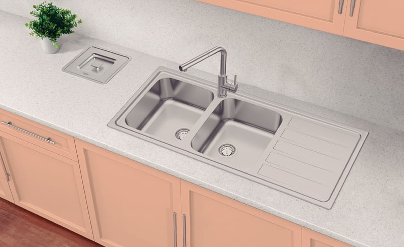 VBChome Fregadero Empotrable Con Grifería, 58 X 48 Cm, Estructura De Lino, Izquierda De Acero Inoxidable, Superficie De Estante, Escurridor, Sifón