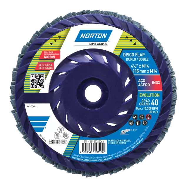 69957325066 - FLAP DISC NORTON - AMARELO EVOLUTION - RETIFICAVEL - GRAO 40 - 115 MM X M14 - 1019.webp