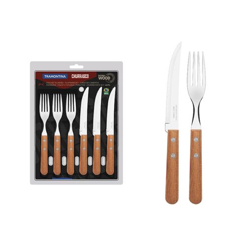 Juego De Cubiertos Tramontina Churrasco Con Láminas De Acero Inoxidable Y Mangos De Madera Natural 12 Piezas