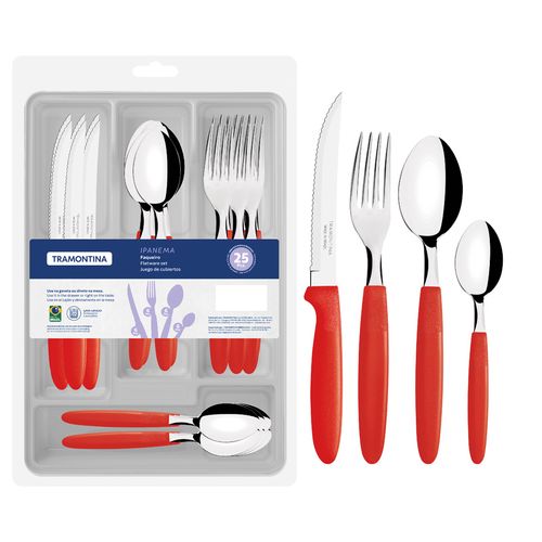 Juego de Cubiertos Tramontina Ipanema con Láminas en Acero Inoxidable y Mangos de Polipropileno Rojo con Cajonera Plástica 25 Piezas