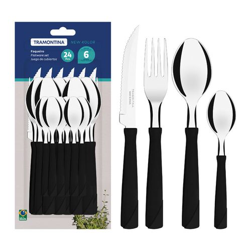 Juego de Cubiertos Tramontina New Kolor con Láminas de Acero Inoxidable y Mangos de Polipropileno Negro 24 Piezas