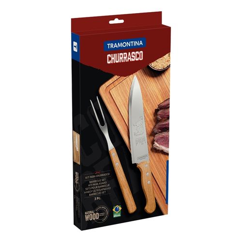 Juego para Asado de Acero Inoxidable y Mangos de Madera Natural con Tabla de Corte de Madera 3 Piezas