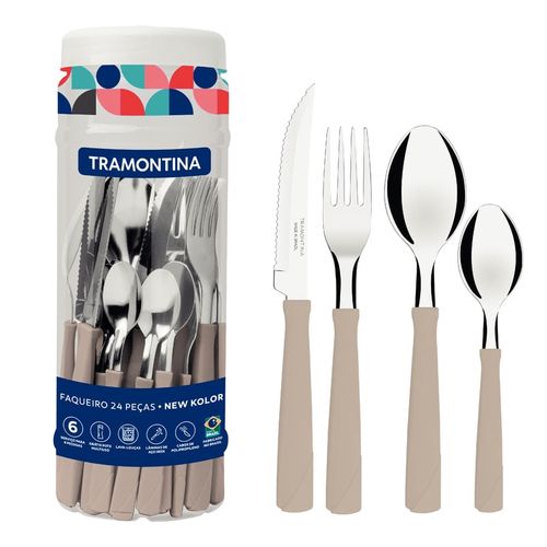 Juego De Cubiertos Tramontina New Kolor En Pote 24 Piezas Gris Con Láminas De Acero Inoxidable Y Mangos De Polipropileno