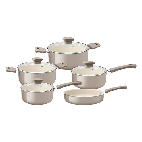 Juego de Ollas de Cocina Tramontina Veronese en Aluminio Reciclado con Revestimiento Interno Cerámico y Externo Siliconado Beige 5 Piezas