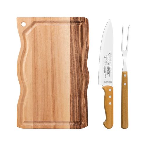 Kit para Asado Tramontina de Acero Inoxidable y Mangos de Madera Natural con Tabla de Corte de Madera 3 Piezas