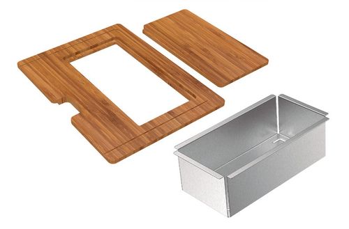 Kit para cubetas Quadrum Tramontina Design Collection con tabla de madera 42x40 cm, Tabla Auxiliar y cesta coador de acero inoxidable
