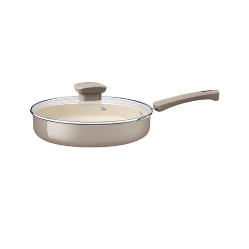 Sartén Recta Tramontina Veronese en Aluminio Reciclado con Revestimiento Interno Cerámico y Externo Siliconado Beige Mineral con Tapa 22 cm 1,7 L